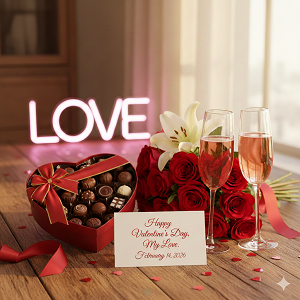 candy, wine, roses and Valentine Day card
